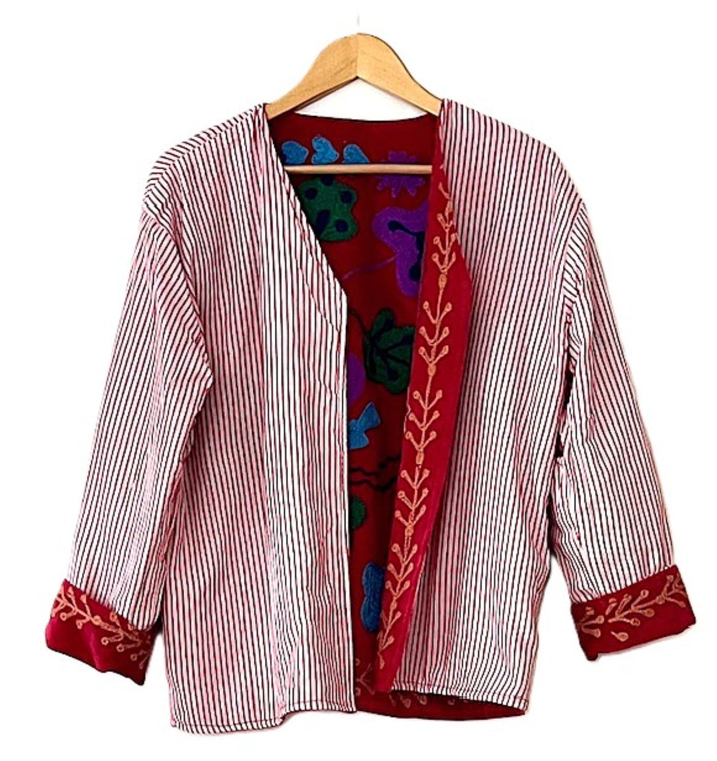 Jacket, Handmade Suzani Velvet Fully Reversible Jacket: Embroidered Folk Art Coat(Red)