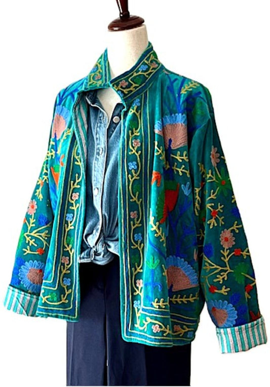 Jacket, Handmade Suzani Velvet Fully Reversible Jacket: Embroidered Folk Art Coat (Teal)