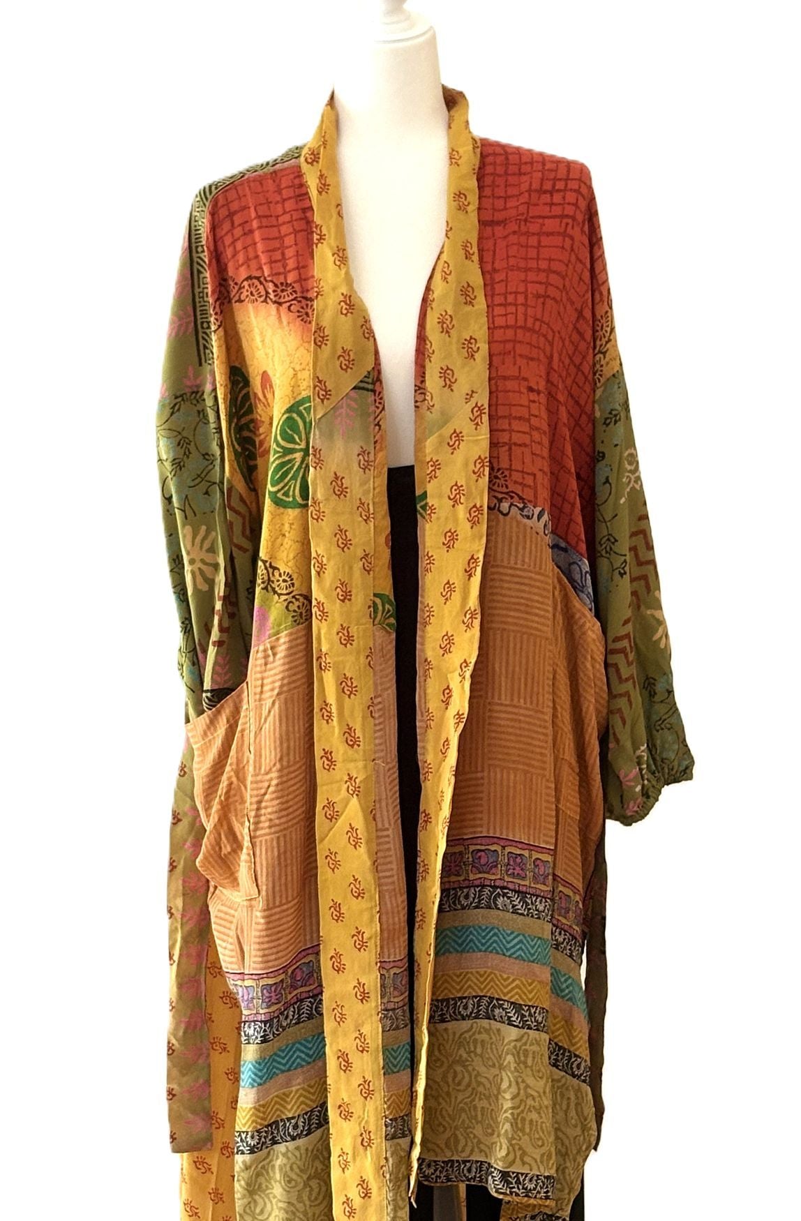 Kantha Bae Rasgulla Sari Serenity Kimono, Colorful Beauty. (Orange Yellow)