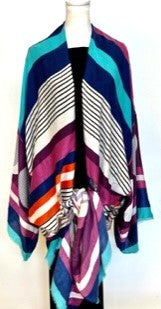 Winter Weight Long Contrasting Mytered Stripe Kimono (Purple, Black/Aqua/White)