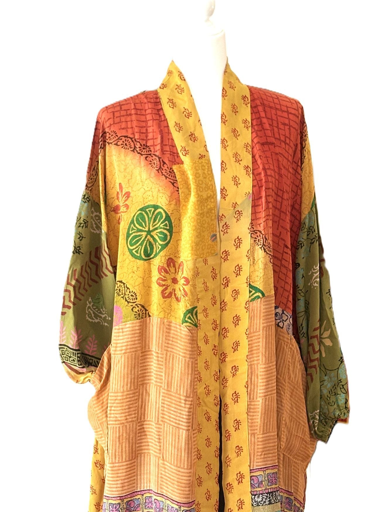 Kantha Bae Rasgulla Sari Serenity Kimono, Colorful Beauty. (Orange Yellow)