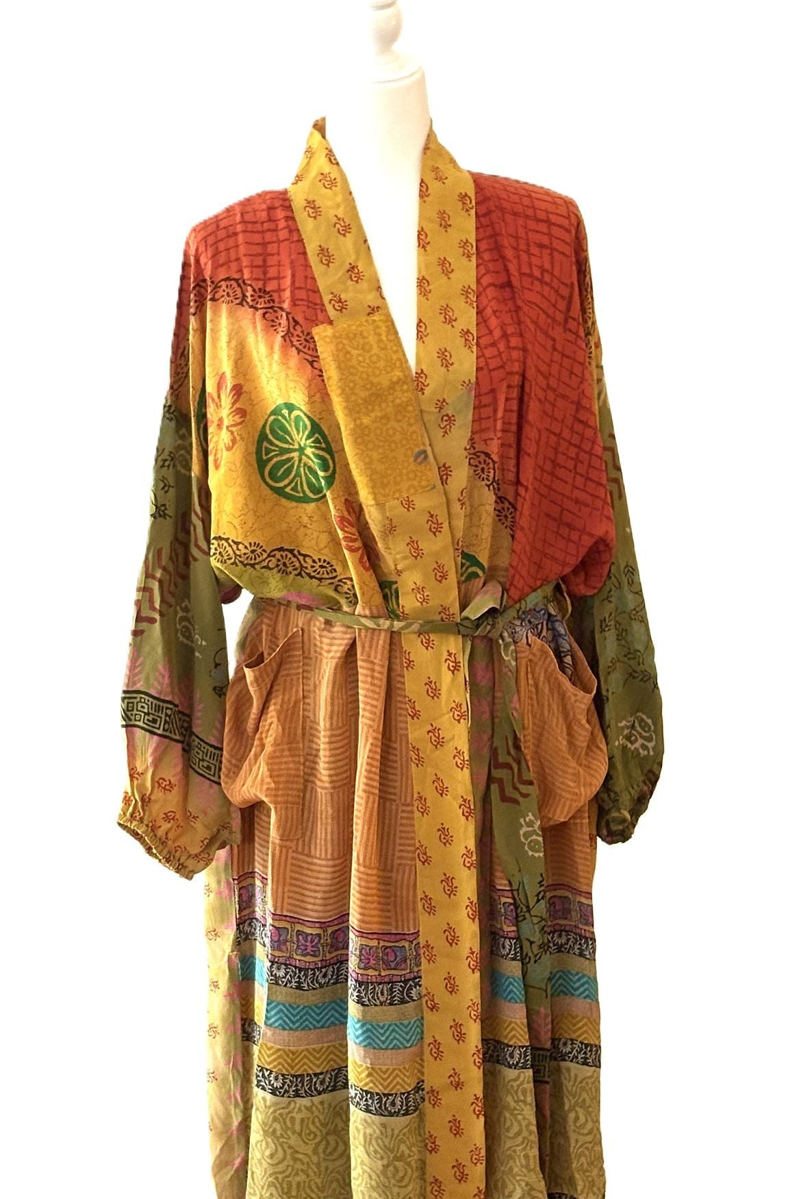 Kantha Bae Rasgulla Sari Serenity Kimono, Colorful Beauty. (Orange Yellow)