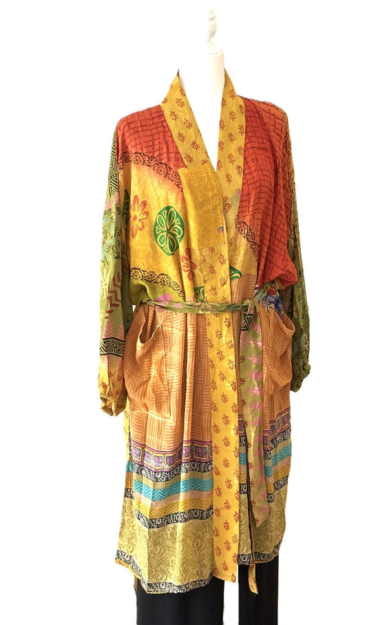 Kantha Bae Rasgulla Sari Serenity Kimono, Colorful Beauty. (Orange Yellow)