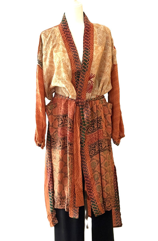Signature Collection, Asian Influence In This Abstract Long Silk Kimono Duster.(Tri-Tone)