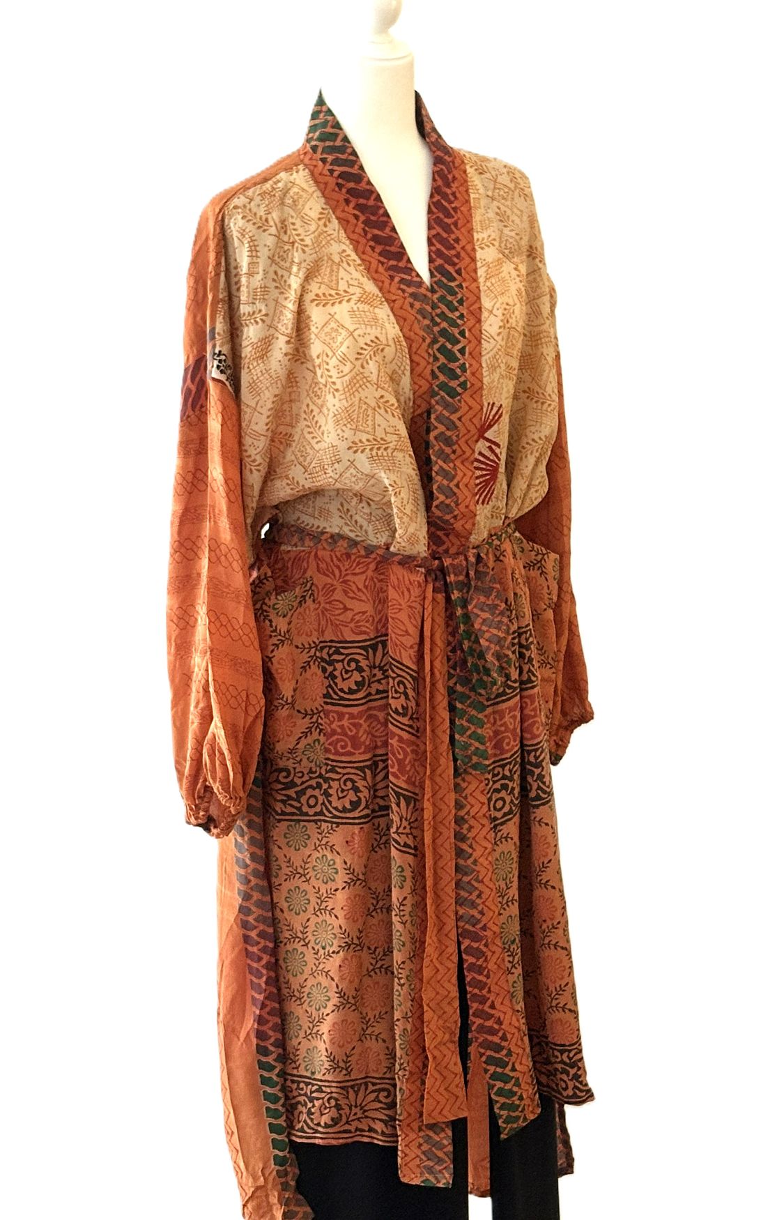 Signature Collection, Asian Influence In This Abstract Long Silk Kimono Duster.(Tri-Tone)