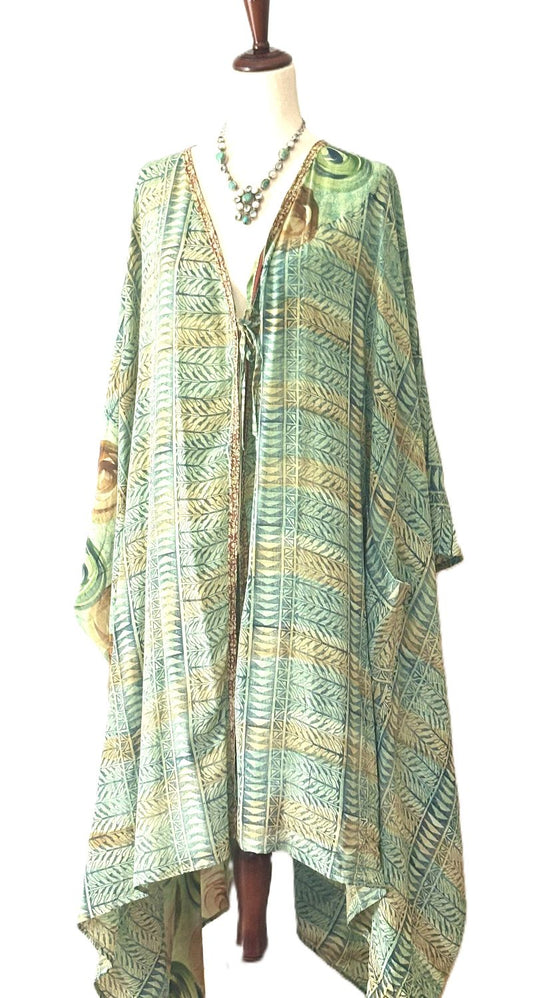 Vintage Silk Orchid Kimono Tie Front Mixed Print Layering Piece