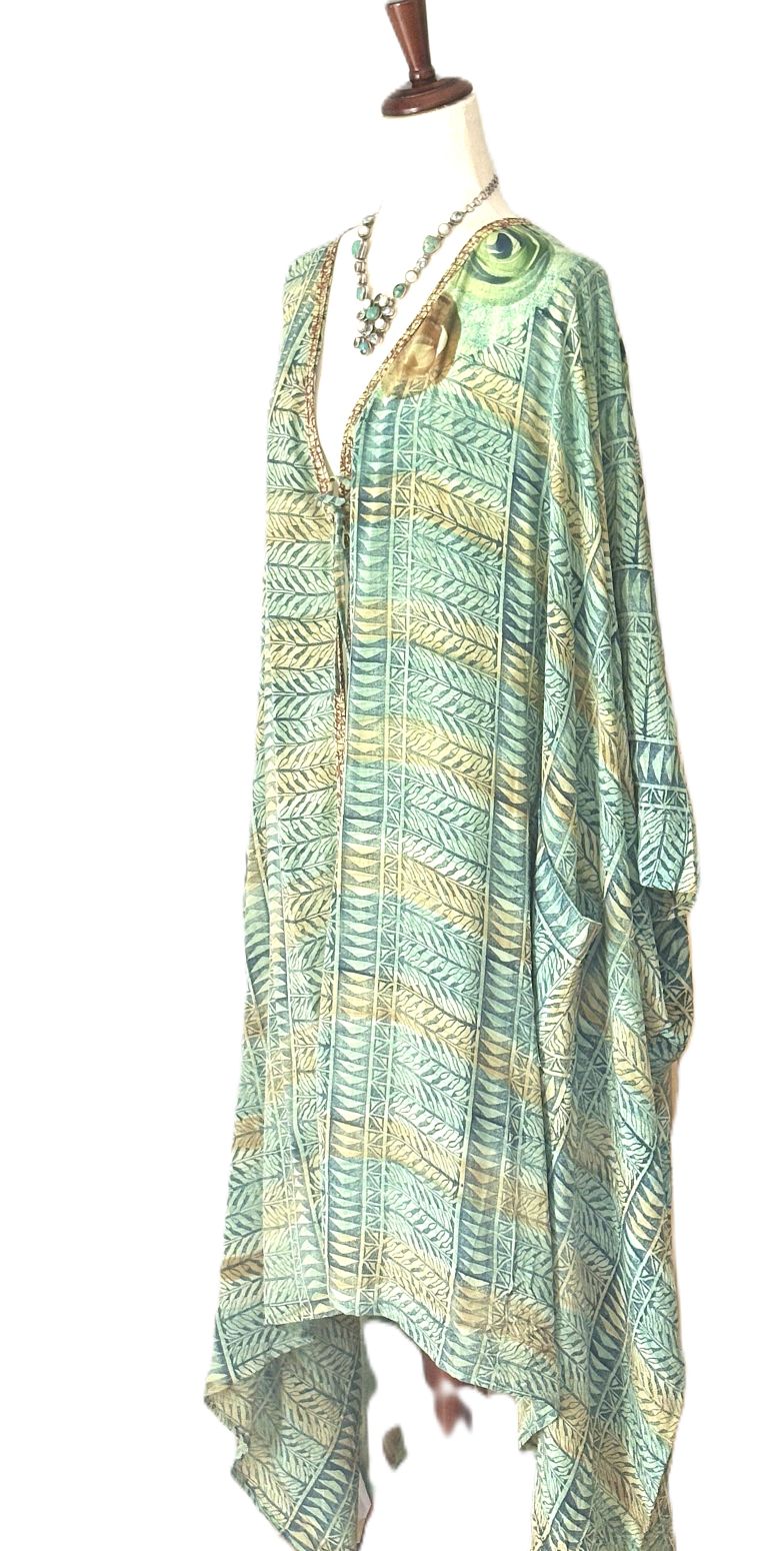 Vintage Silk Orchid Kimono Tie Front Mixed Print Layering Piece