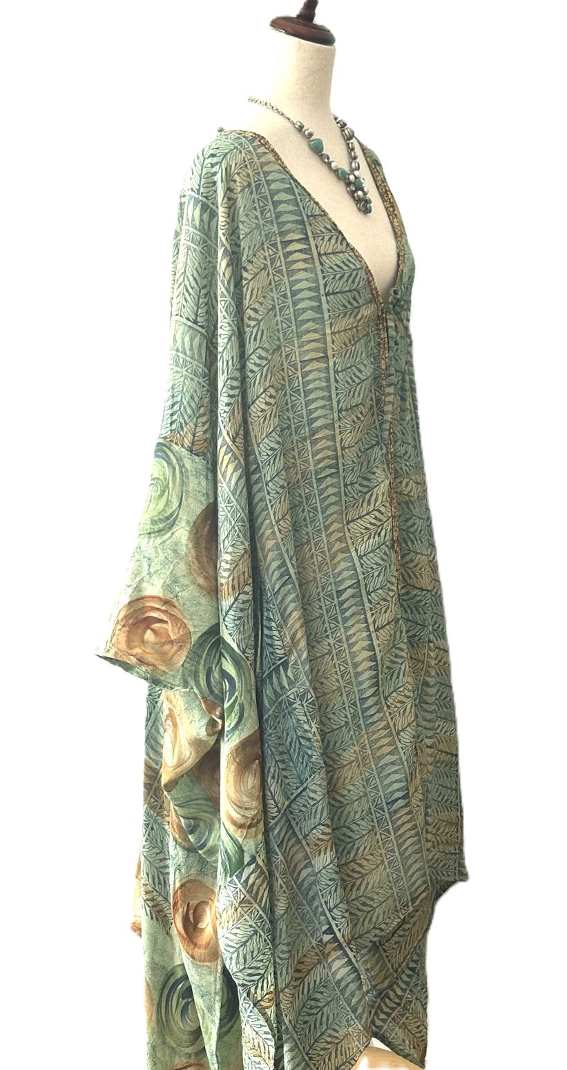 Vintage Silk Orchid Kimono Tie Front Mixed Print Layering Piece