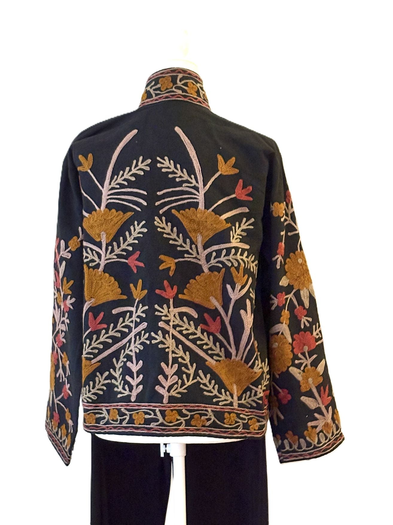 Jacket, Wearable Art In This Hand Embroidered Short Top With Suzani Embroidery (Black)