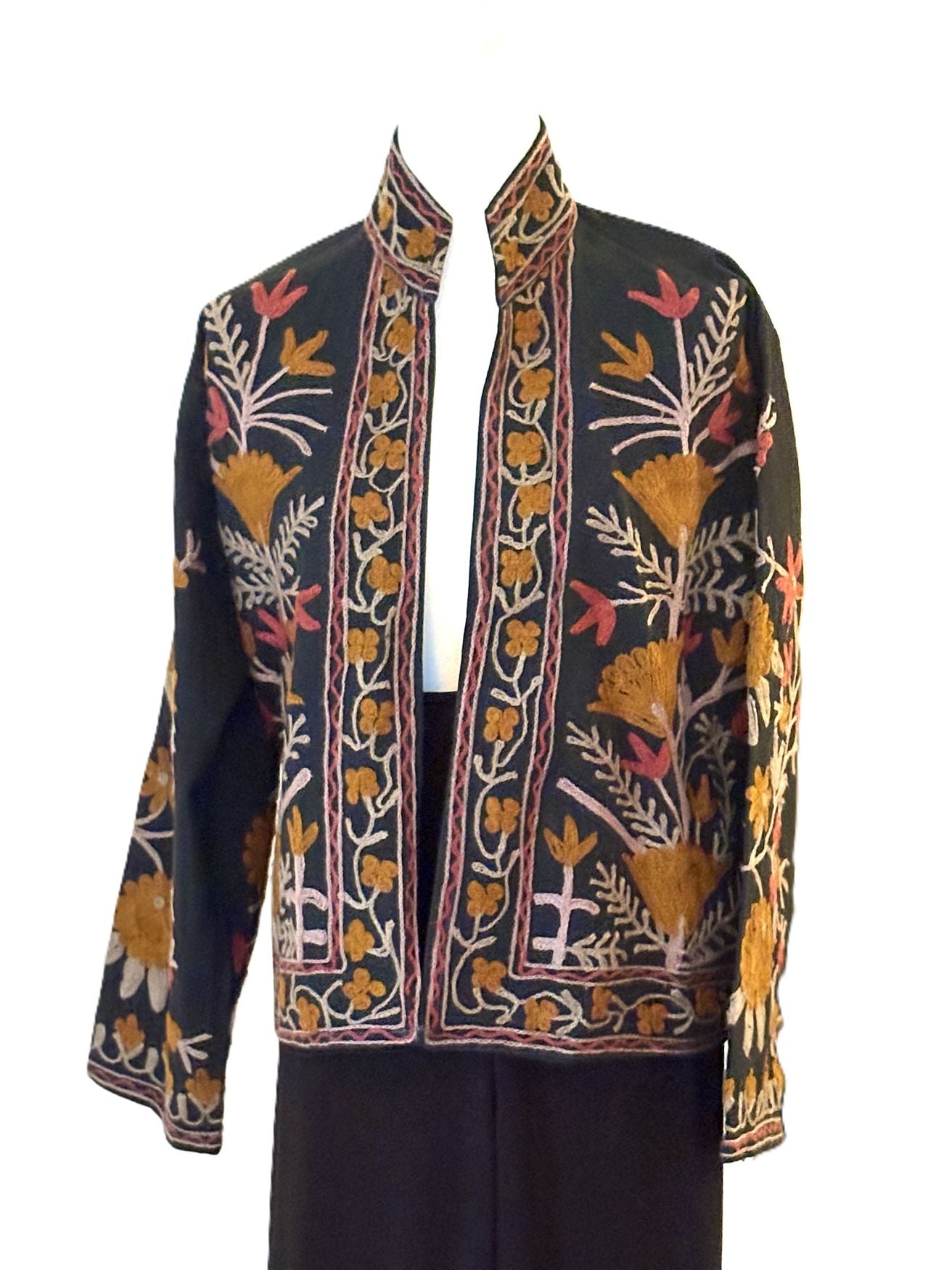 Jacket, Wearable Art In This Hand Embroidered Short Top With Suzani Embroidery (Black)