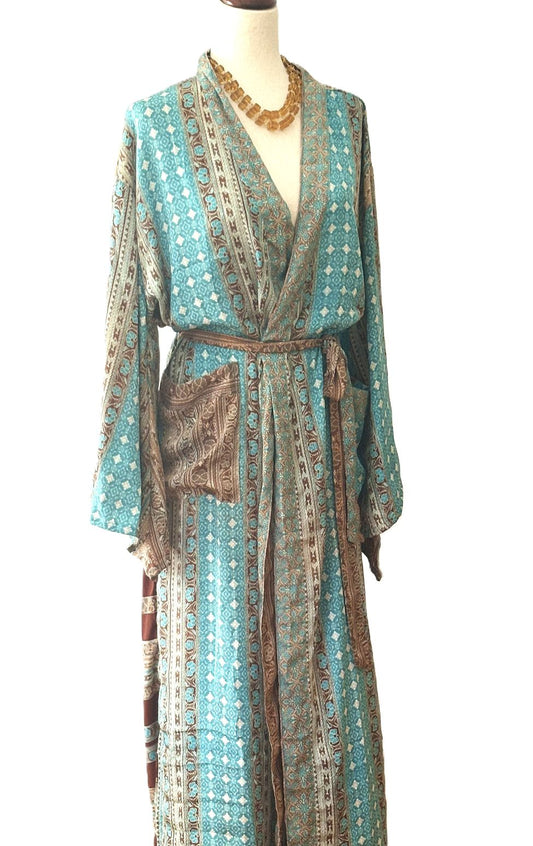 Long Silk Kimono Duster,  Dramatic Two Tone And Elegant (Aqua)