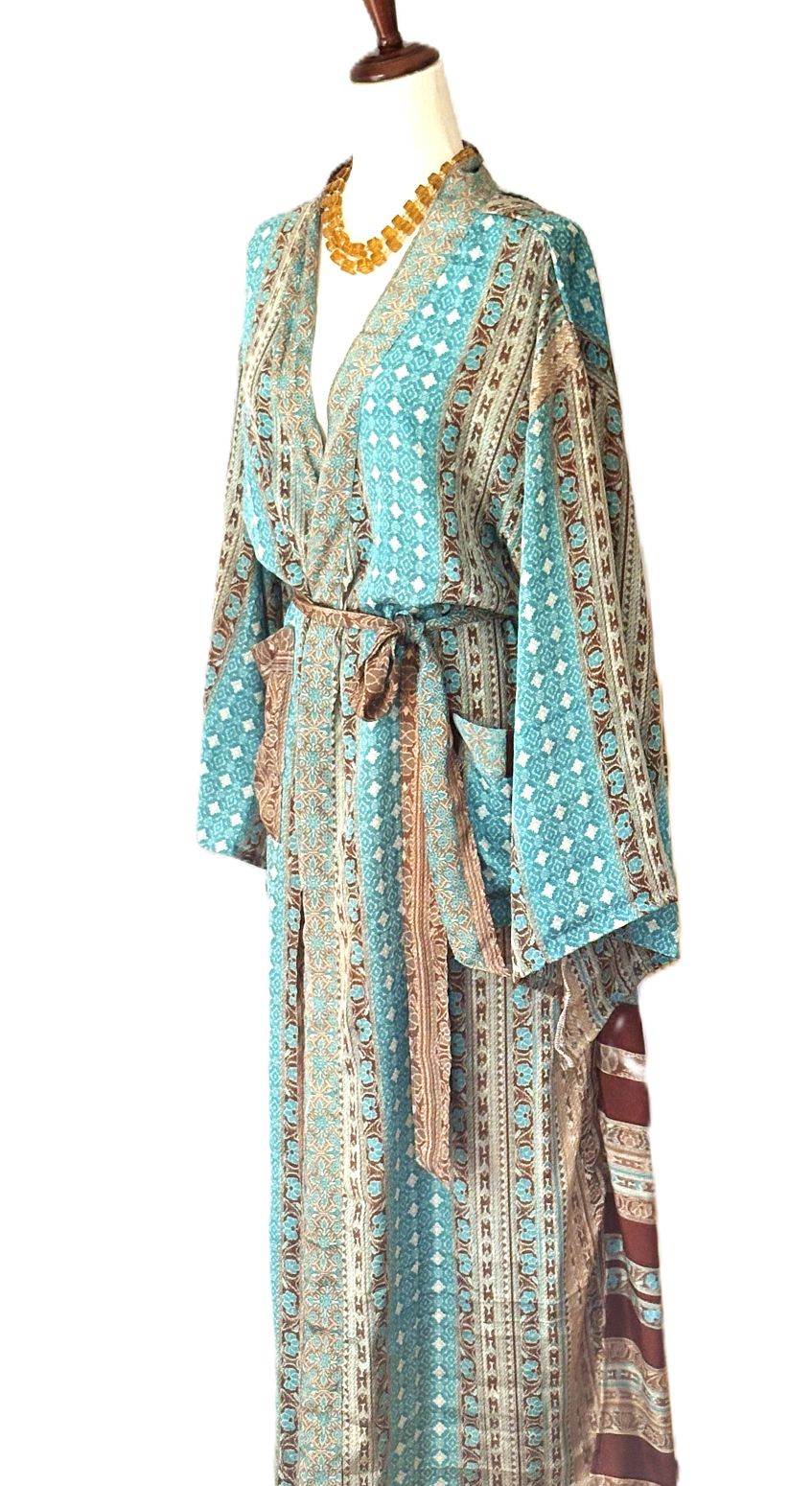 Long Silk Kimono Duster,  Dramatic Two Tone And Elegant (Aqua)