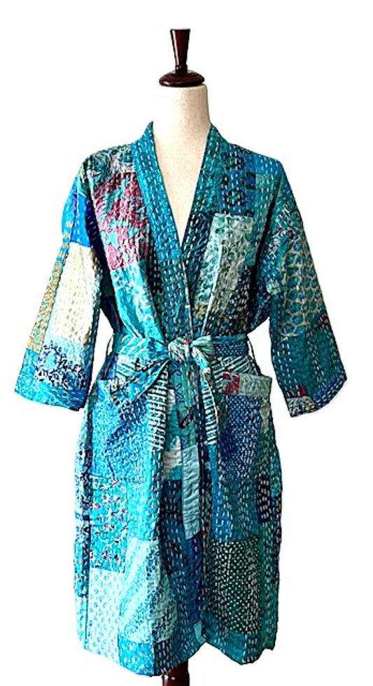 Quilted Silk Kantha Kimono Patchwork Duster.  Multicolor. (Turquoise)