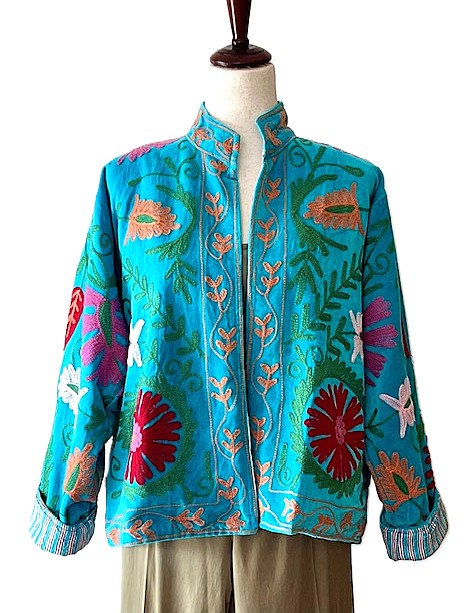 Jacket, Wearable Art In This Hand Embroidered Short Cotton Velvet Jacket, Reversible (Turquoise)