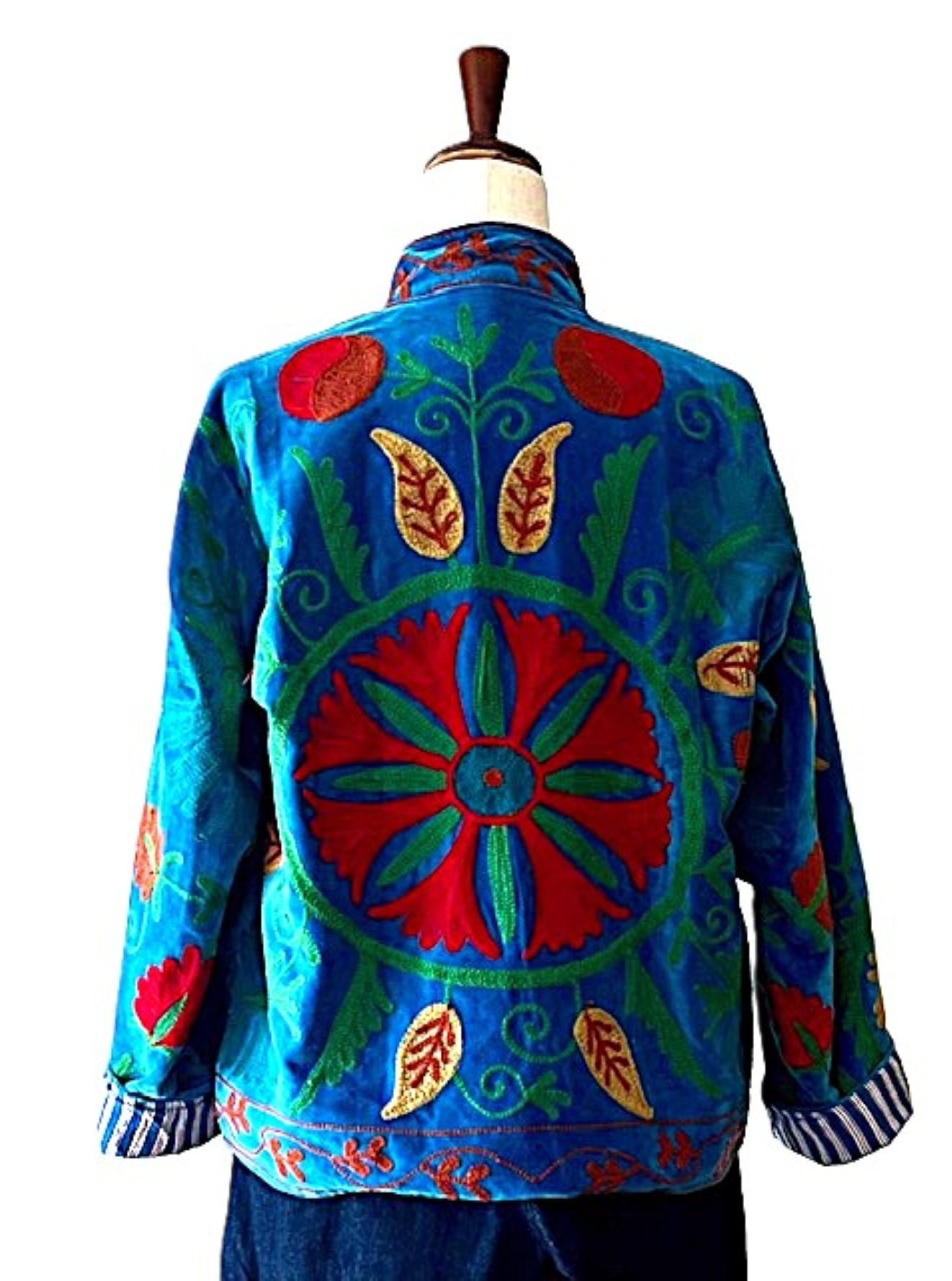 Jacket, Wearable Art In This Hand Embroidered Short Cotton Velvet Jacket, Fully Reversible.  (Royal)