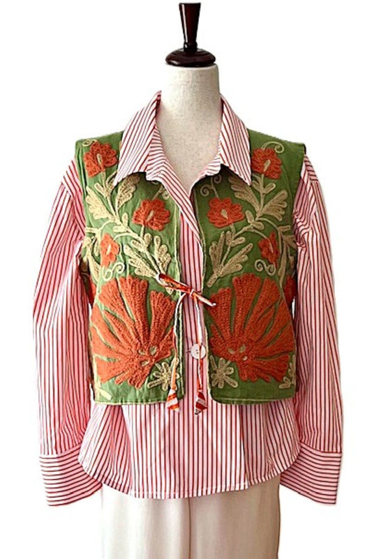 Fully Reversible Designer Handmade Embroidered Vest.  Looks Smart (Green Red)