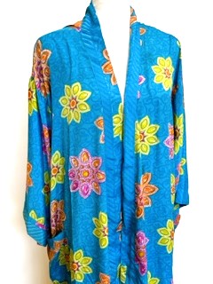 Top of the Line Silk Kimono Duster (Aqua Print Garden)