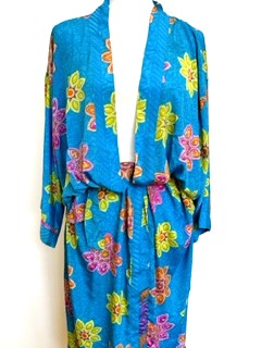 Top of the Line Silk Kimono Duster (Aqua Print Garden)