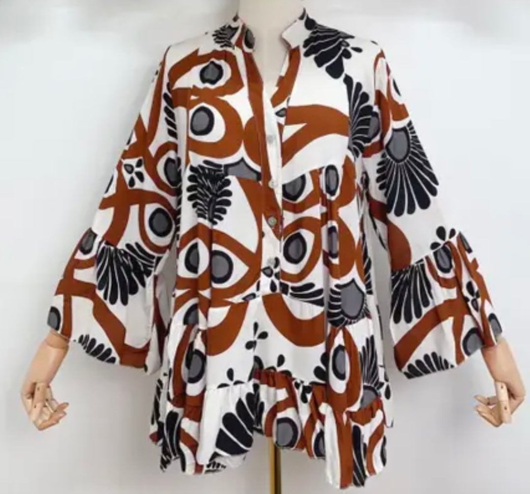 Italian Floral Blouse (Abstract Brown)