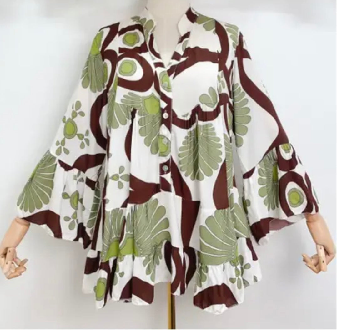 Italian Floral Blouse (Olive Brown)