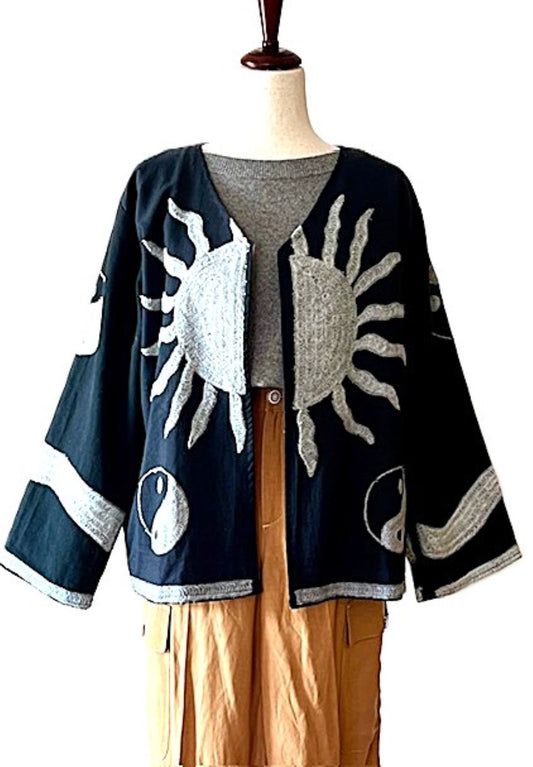 Jacket, Wearable Art In This Hand Embroidered Abstract Art Jacket. Short and Fully Reversible.(Black Silver)