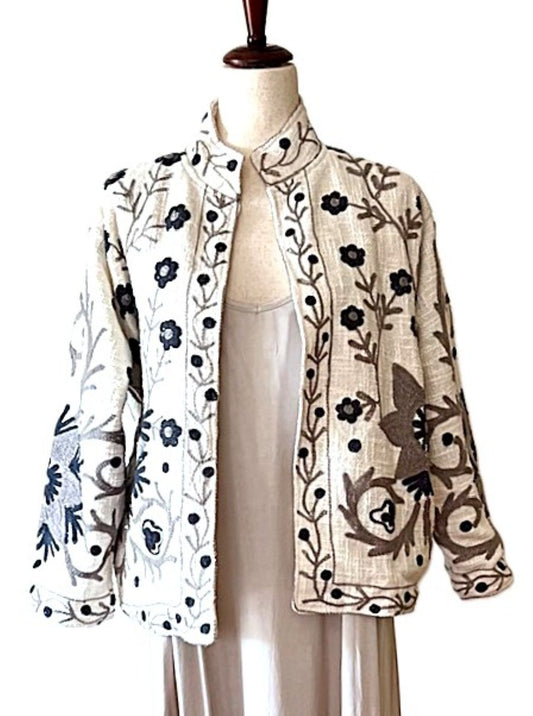 Jacket, Short Open Cut Suzani Hand Embroidered Jacket. Simple and Stylish.(Beige)