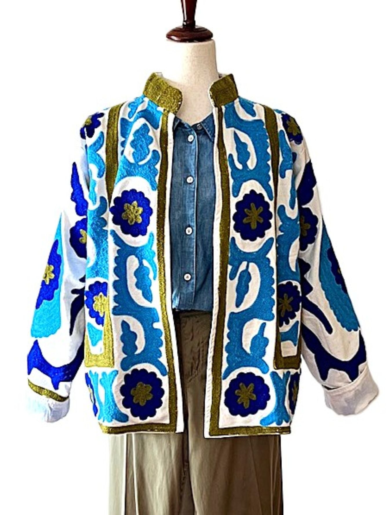 Jacket - Wearable Art,  Embroidered, Boho Kimono Box Cut Top: Cotton Velvet (Blue, Olive)