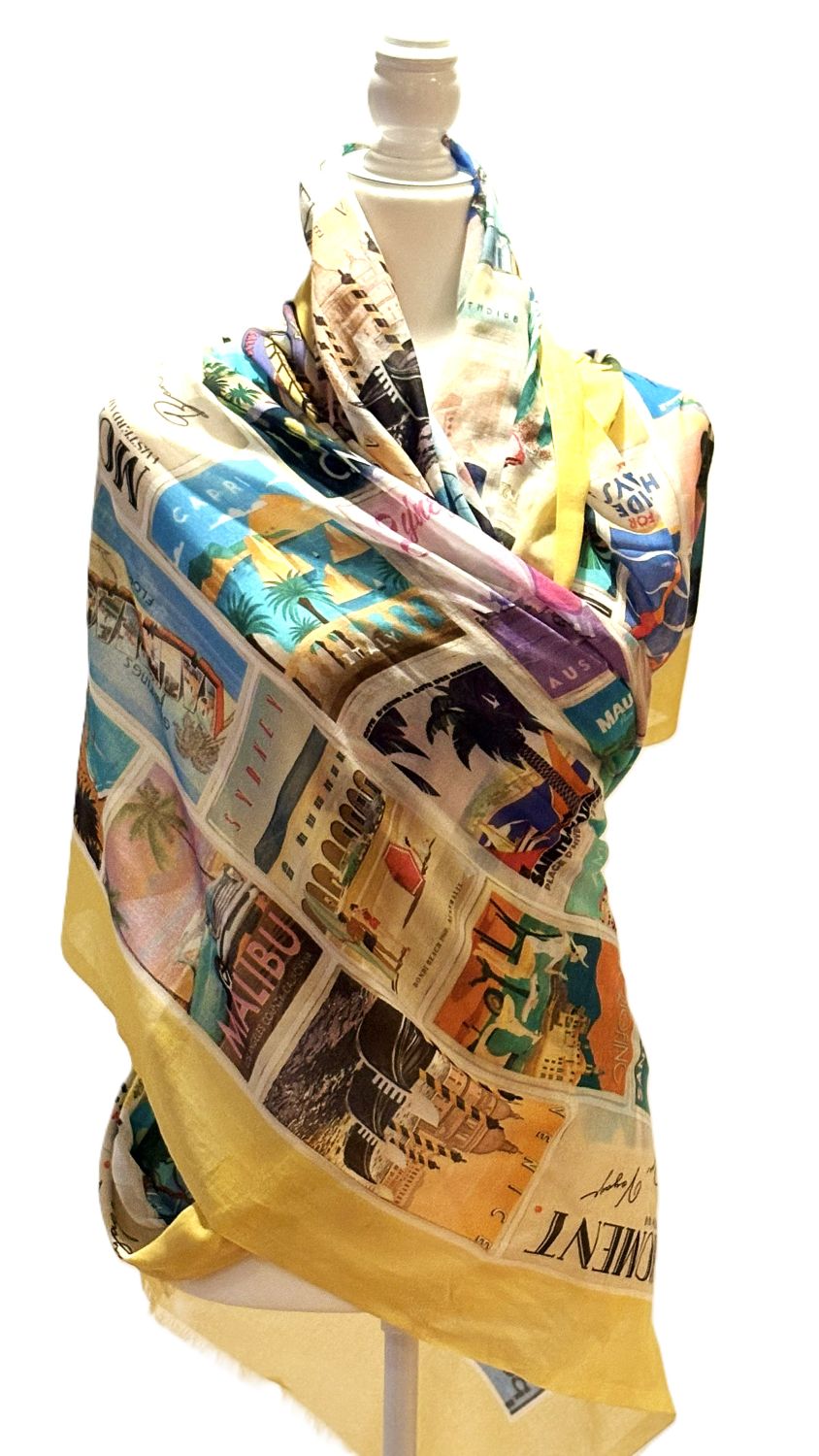 Vintage Postcard Scarf, Festive and Fun.