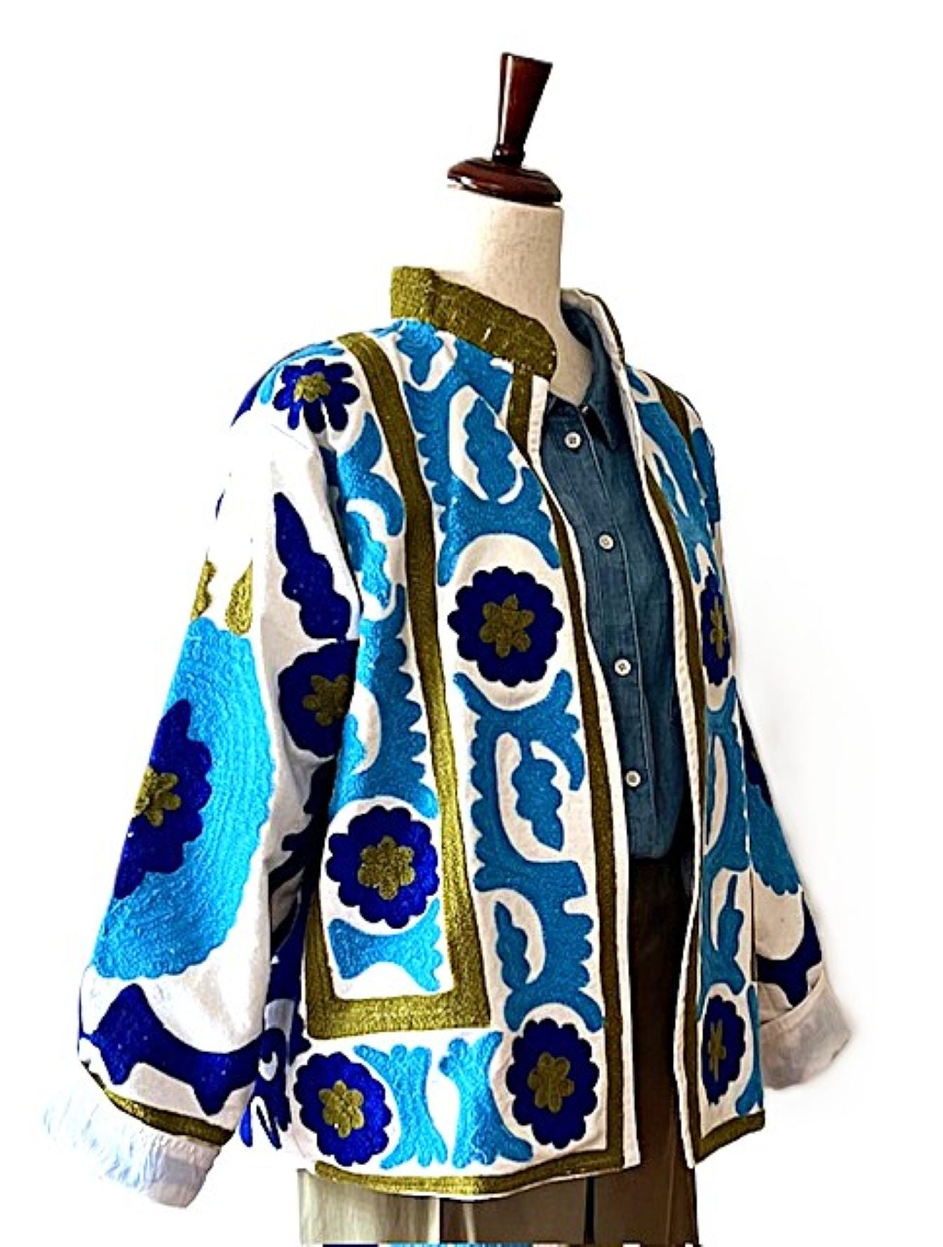 Jacket - Wearable Art,  Embroidered, Boho Kimono Box Cut Top: Cotton Velvet (Blue, Olive)