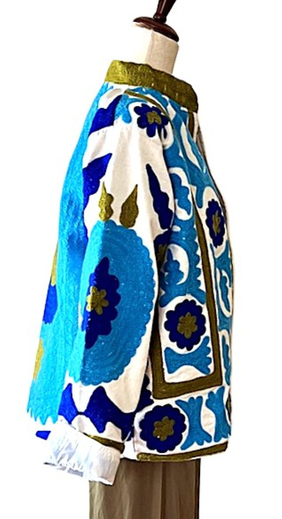 Jacket - Wearable Art,  Embroidered, Boho Kimono Box Cut Top: Cotton Velvet (Blue, Olive)