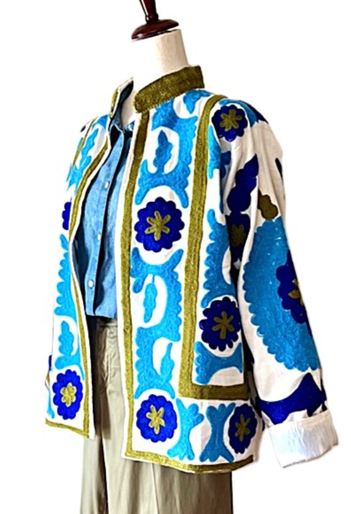 Jacket - Wearable Art,  Embroidered, Boho Kimono Box Cut Top: Cotton Velvet (Blue, Olive)