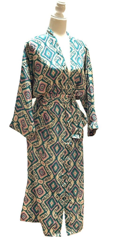 Long Silk Kimono Duster,  Dramatic Mixed Prints.(Green Pink)
