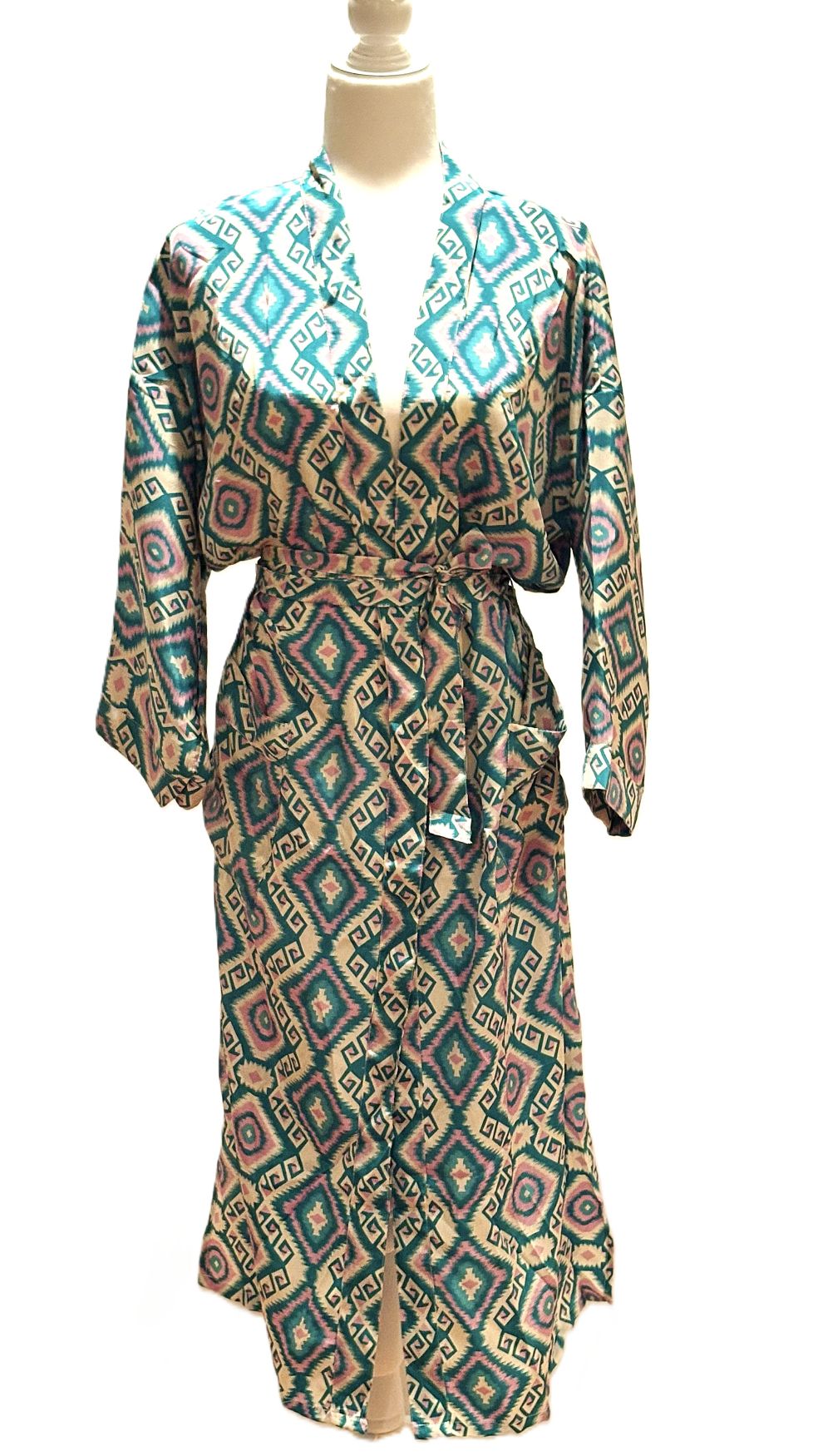 Long Silk Kimono Duster,  Dramatic Mixed Prints.(Green Pink)