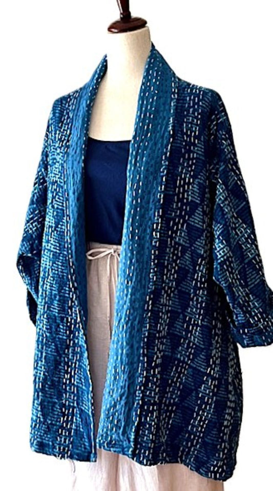 Vibrant Japanese Style Kimono Jacket With Kantha Stitching. Mixed Prints In Indigo.