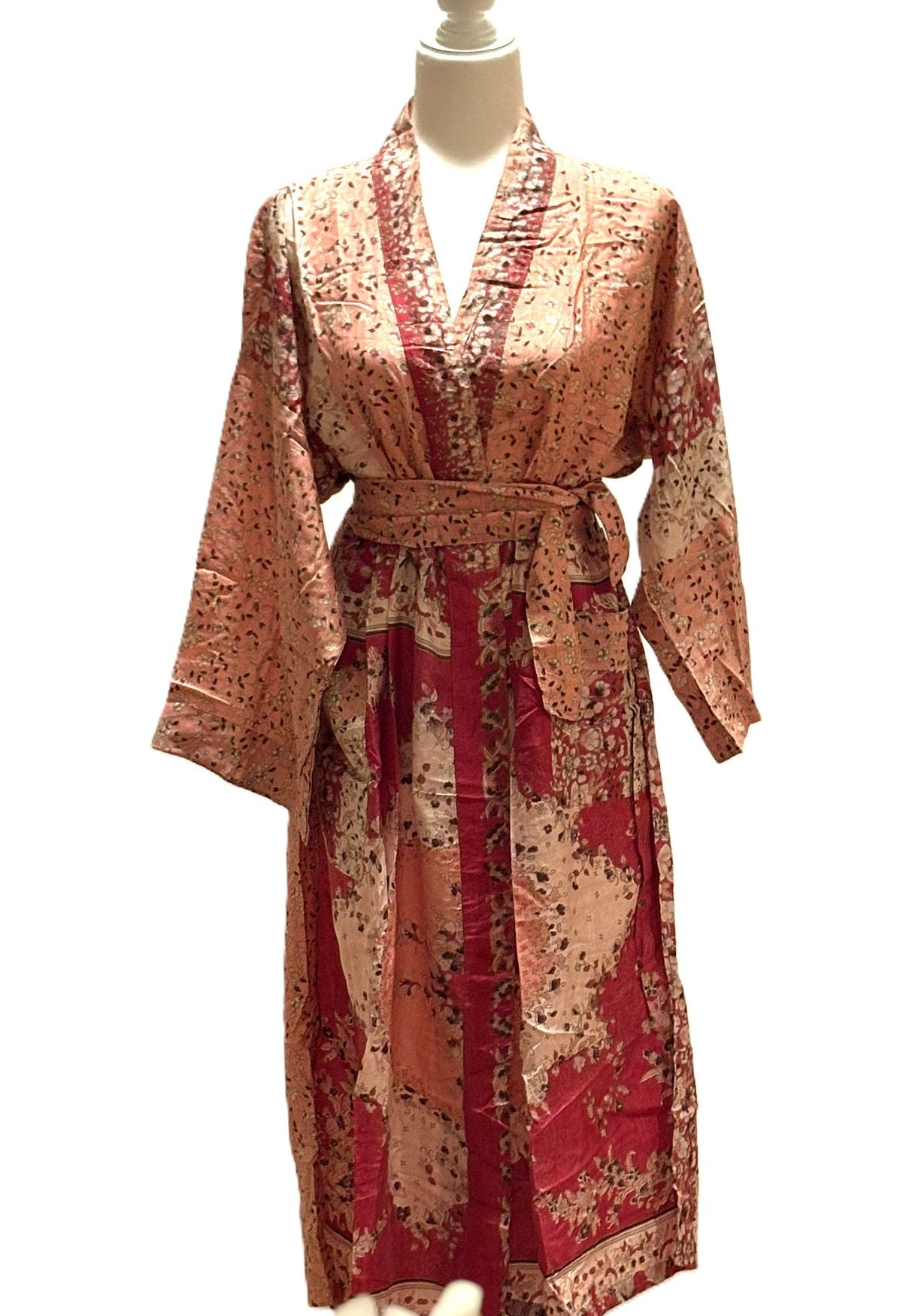 Long Silk Kimono Duster,  Oriental Mixed Print. (Pink Red)