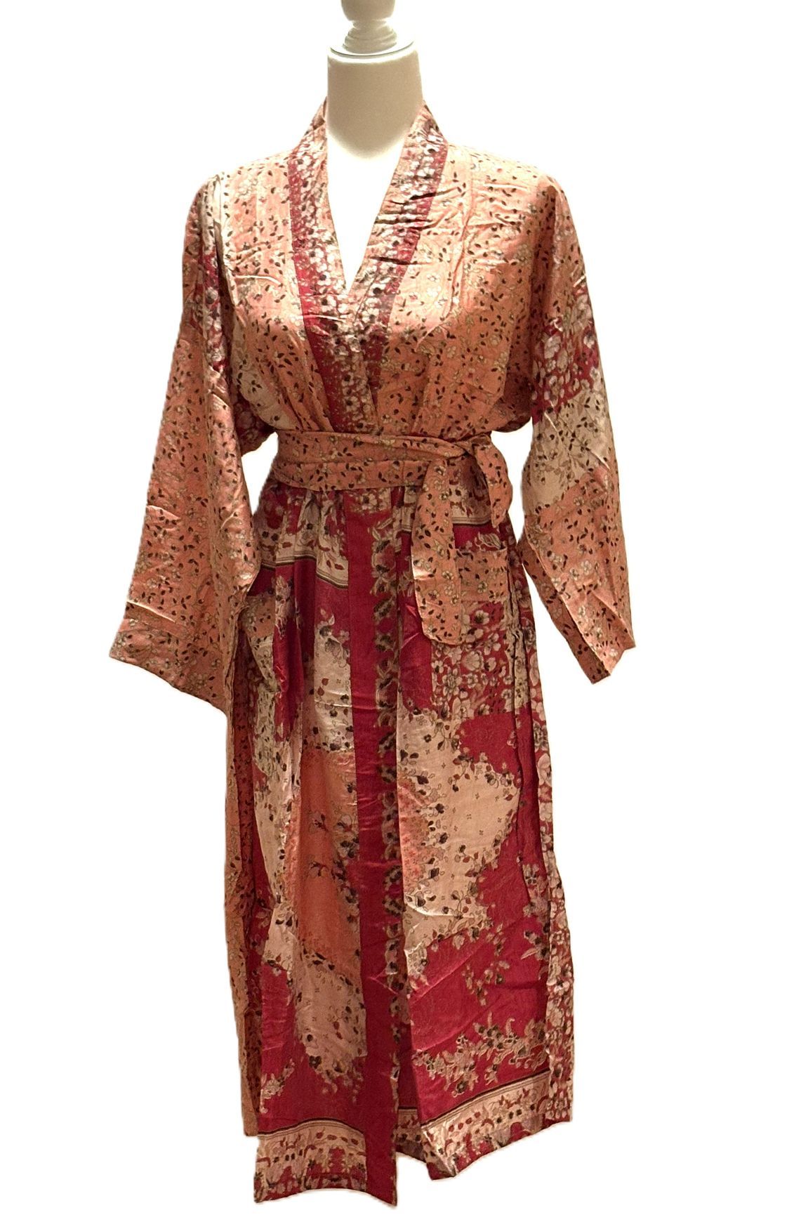 Long Silk Kimono Duster,  Oriental Mixed Print. (Pink Red)