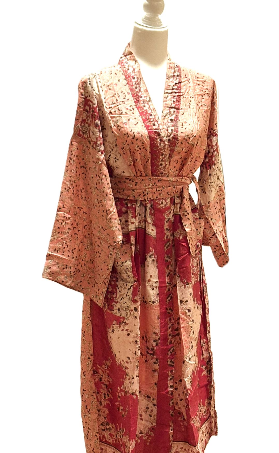 Long Silk Kimono Duster,  Oriental Mixed Print. (Pink Red)