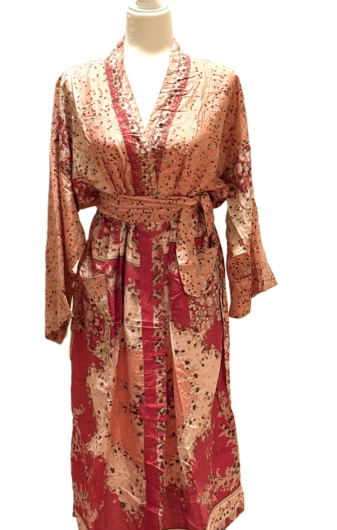 Long Silk Kimono Duster,  Oriental Mixed Print. (Pink Red)