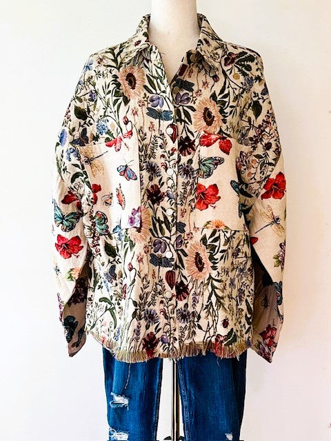 Collared Floral Patchwork Jacket, Frayed Hem Vintage Wash