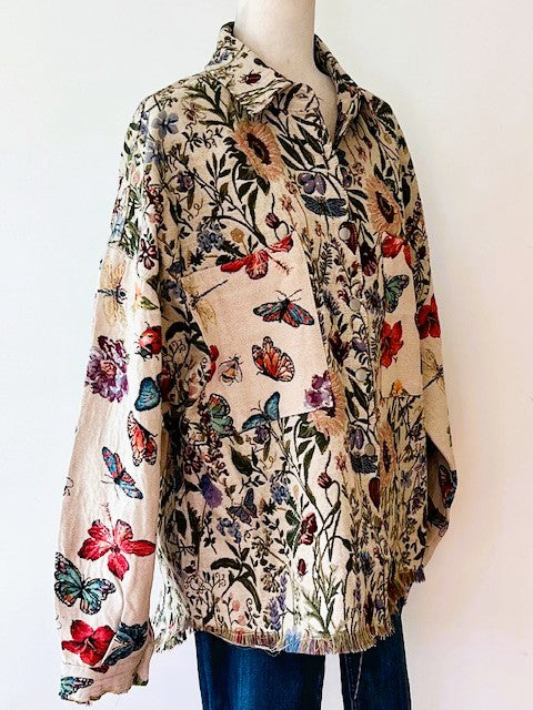 Collared Floral Patchwork Jacket, Frayed Hem Vintage Wash