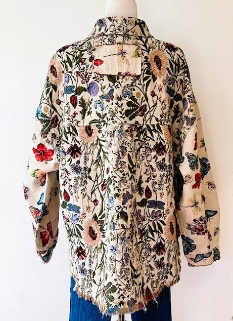 Collared Floral Patchwork Jacket, Frayed Hem Vintage Wash