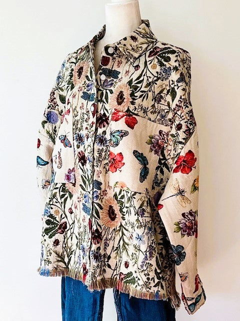 Collared Floral Patchwork Jacket, Frayed Hem Vintage Wash