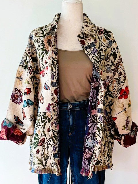 Collared Floral Patchwork Jacket, Frayed Hem Vintage Wash