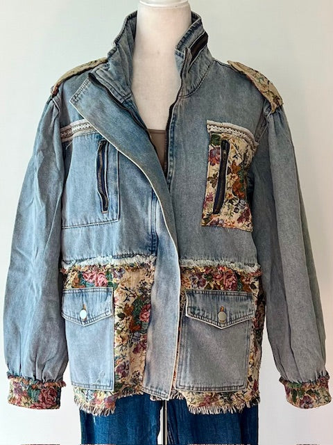 High Neck Raw Edged Tapestry Denim Jacket Elevates Denim To New Heights.