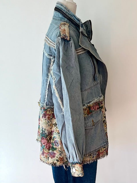 High Neck Raw Edged Tapestry Denim Jacket Elevates Denim To New Heights.