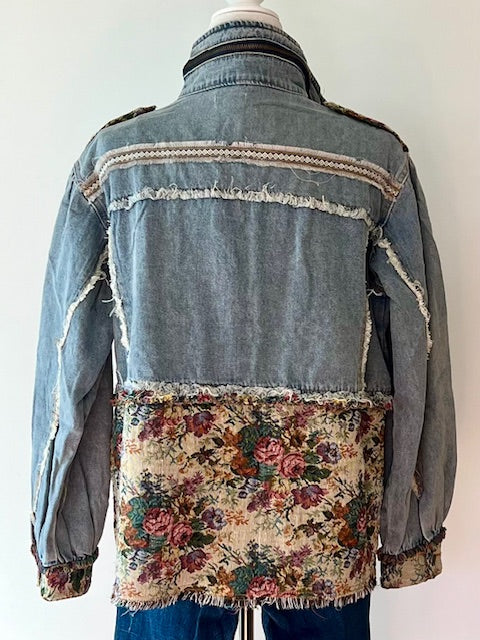 High Neck Raw Edged Tapestry Denim Jacket Elevates Denim To New Heights.