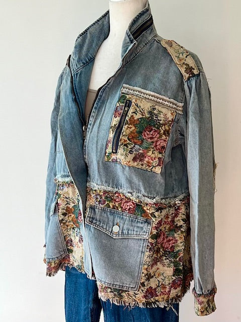 High Neck Raw Edged Tapestry Denim Jacket Elevates Denim To New Heights.