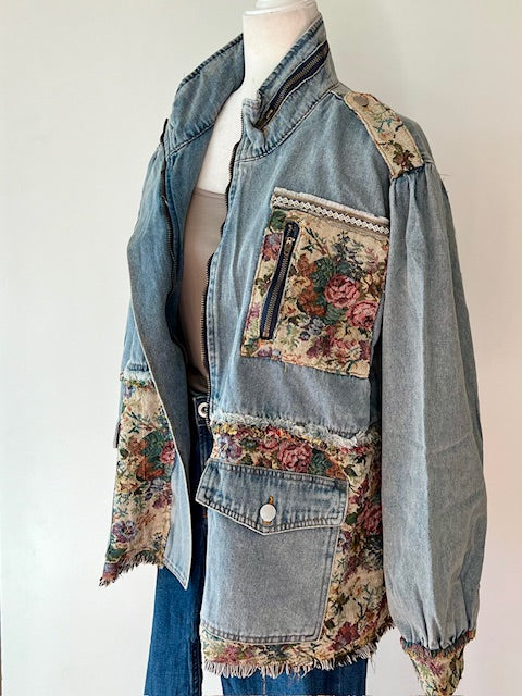 High Neck Raw Edged Tapestry Denim Jacket Elevates Denim To New Heights.