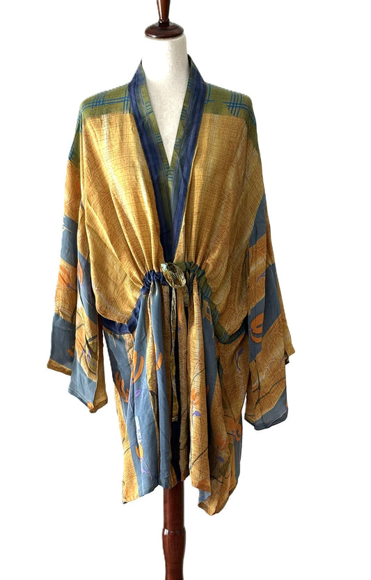 Kantha Bae Silk Dreamweaver Shortie Kimono Is An Easy Layer Piece. (Gold Blue)