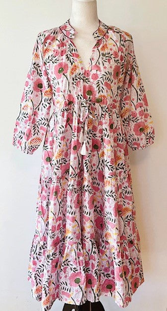 Pastel Pink Floral Block Print Midi Dress Is Delightful And Feminine